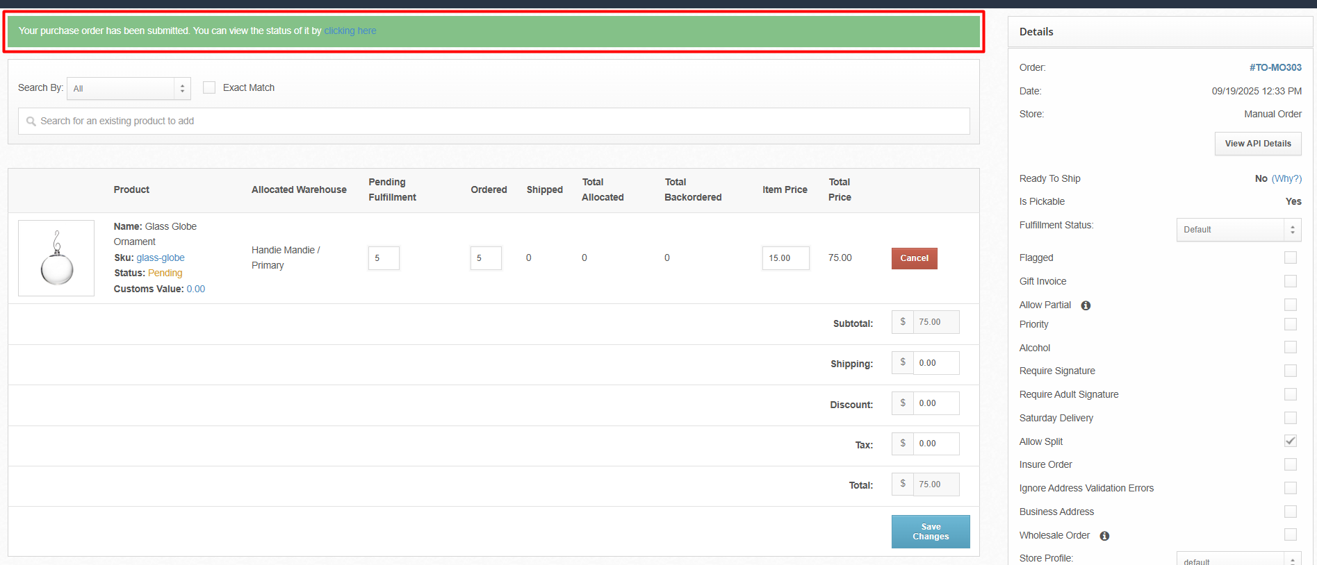 Transferring Inventory Between Warehouses — dashboard screenshot