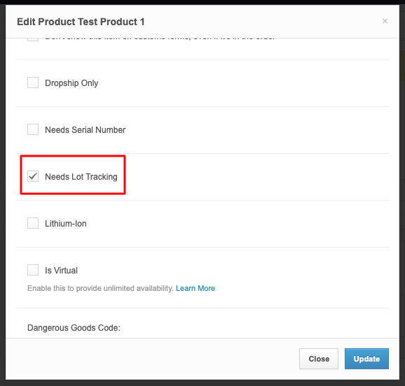 Enabling Lot Tracking on Products — dashboard screenshot