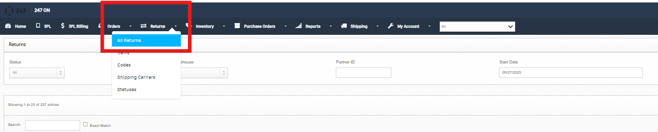 How to Create a Return — dashboard screenshot
