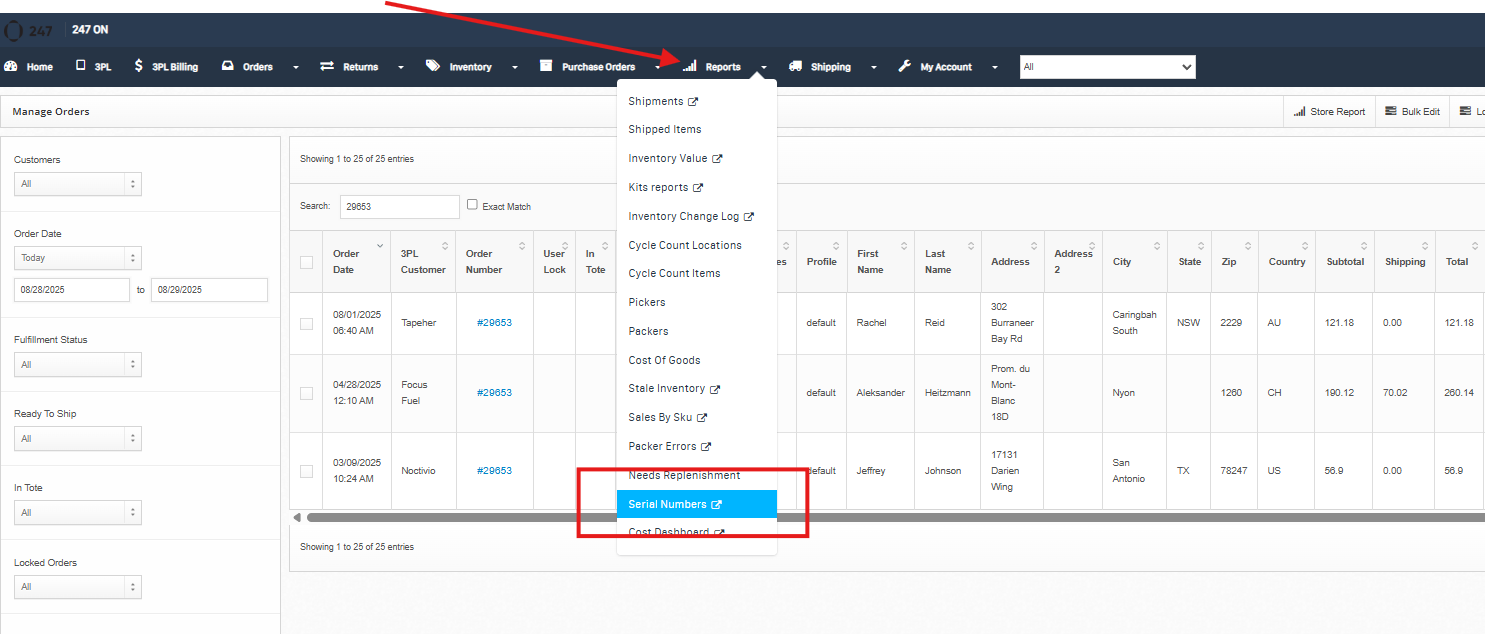 Serial Number Report — dashboard screenshot