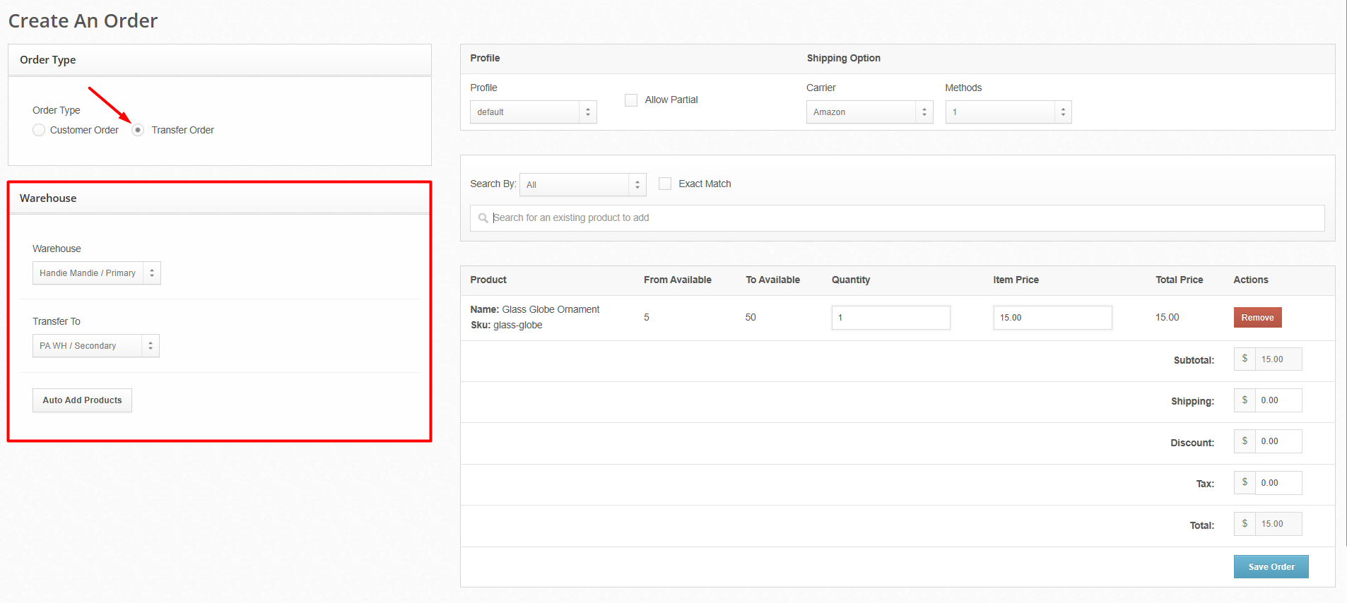 Transferring Inventory Between Warehouses — dashboard screenshot